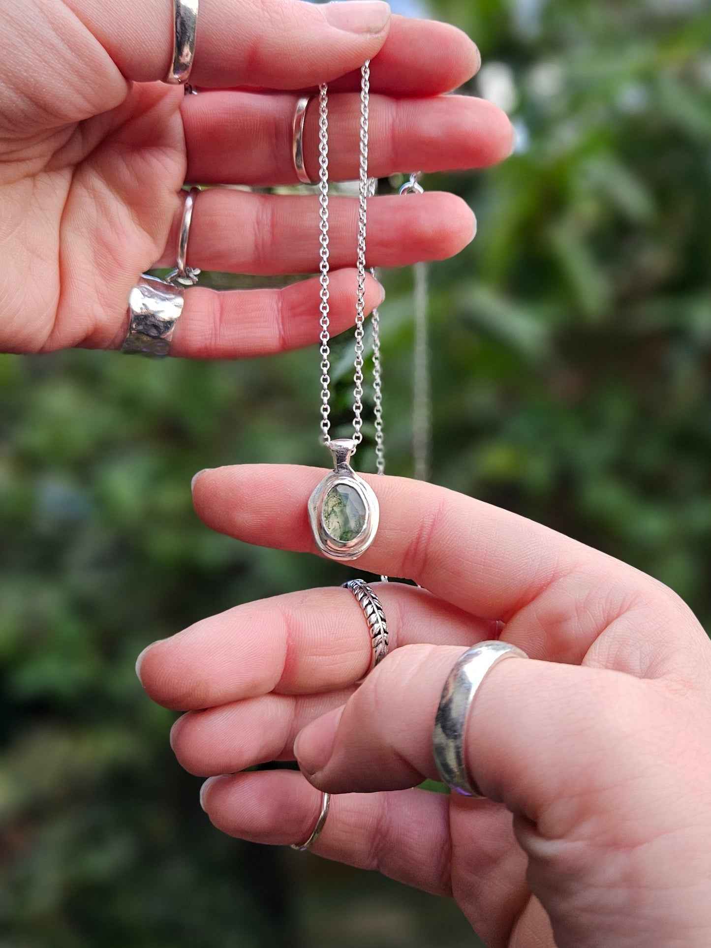 Moss Agate "Rustic" Pendant - 99.9 Fine Silver