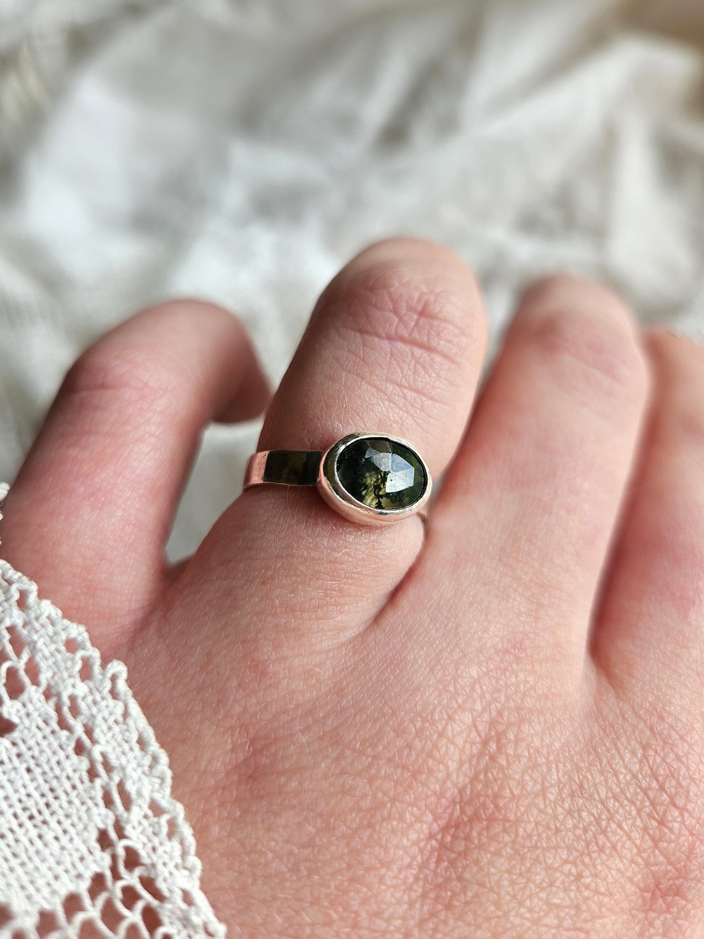 Moss Agate band - Sterling Silver
