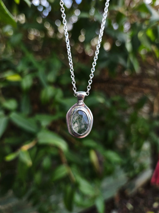 Moss Agate "Rustic" Pendant - 99.9 Fine Silver