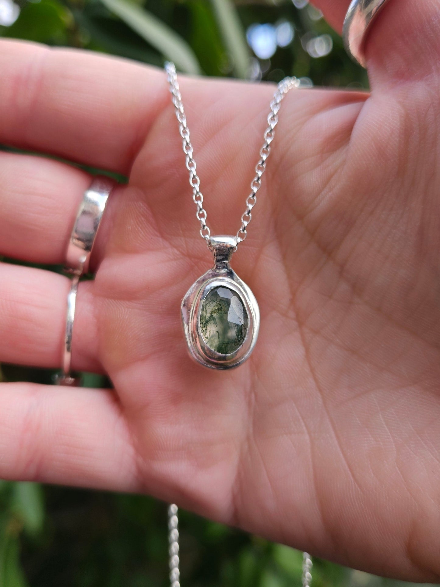 Moss Agate "Rustic" Pendant - 99.9 Fine Silver